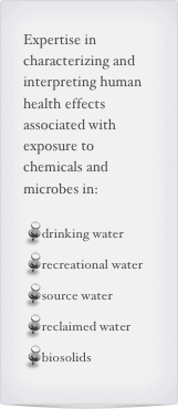 Expertise in characterizing and interpreting human health effects associated with exposure to chemicals and microbes in:

drinking water
recreational water
source water
reclaimed water
biosolids